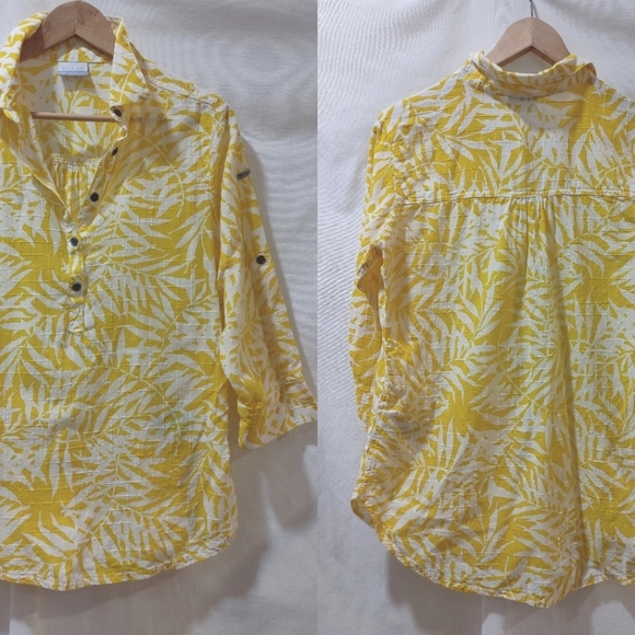 Columbia‎ Yellow White Fern Leaf Pattern Popover Shirt Roll Tab Sleeve Medium M - Picture 1 of 9